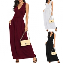 Elegant Solid Color Sleeveless V-neck High Waist Dress