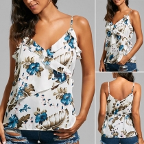 Sexy Backless V-neck Printed Ruffle Sling Top