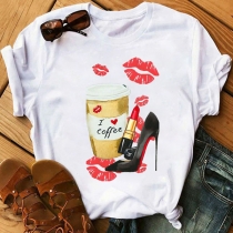 Casual Style Short Sleeve Round Neck Heels Pattern Loose T-shirt