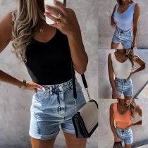 Simple Style Sleeveless V-neck Slim Fit Tank Top