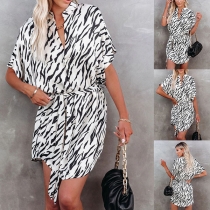 Fashion Zebra-stripe Printed Short Sleeve V-neck Loose Dress