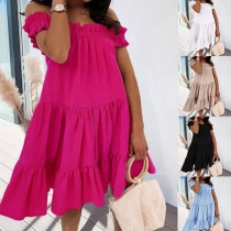 Sexy Ruffle Boat Neck Short Sleeve Solid Color Loose Dress