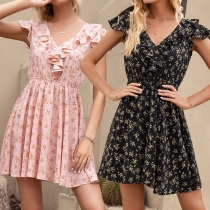 Sexy Ruffle V-neck Lotus Sleeve High Waist Printed Dress