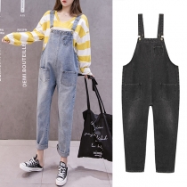 Fashion Solid Color High Waist Relaxed-fit Denim Overalls for Pregnant Woman