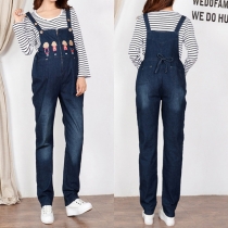 Cute Cartoon Printed High Waist Relaxed-fit Denim Overalls for Pregnant Woman