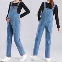 Casual Style High Waist Relaxed-fit Ripped Denim Overalls for Pregnant Woman