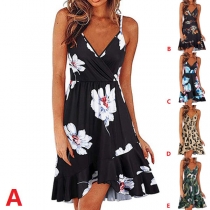 Sexy Backless V-neck High Waist Ruffle Hem Printed Sling Dress