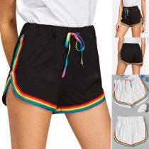 Casual Style Elastic Waist Rainbow Stripe Spliced Sports Shorts
