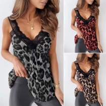 Sexy Backless V-neck Lace Spliced Leopard Print Sling Top