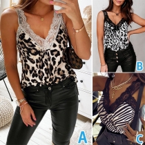 Sexy Backless V-neck Lace Spliced Sling Printed Top