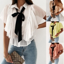 Sweet Style Lace-up Bow-knot POLO Collar Solid Color Chiffon Shirt
