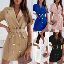 OL Style Short Sleeve Notched Lapel Double-breasted Slim Fit Dress