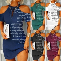 Sexy Off-shoulder Short Sleeve Irregular Hem Letters Printed Slim Fit Dress (The size falls small)