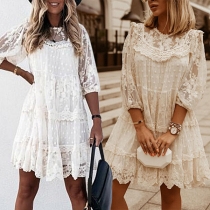 Sweet Style 3/4 Sleeve Round Neck Solid Color Lace Dress