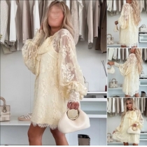 Sweet Style 3/4 Sleeve Round Neck Solid Color Lace Dress