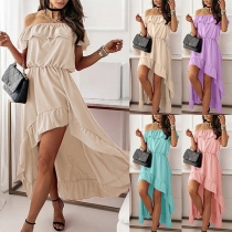 Sexy Ruffle Boat Neck High-low Hem Solid Color Dress