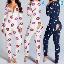 Casual Style Star/Lips Printed Long Sleeve  Back-button Nightwear Jumpsuit