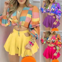 Sexy Deep V-neck Lantern Sleeve Crop Top + Hollow Out High Waist Shorts Two-piece Set