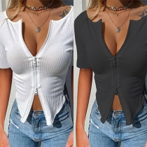 Sexy V-neck Short Sleeve Front-zipper Solid Color Slim Fit Top