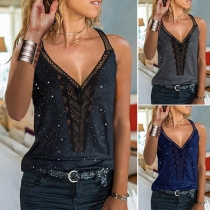 Sexy Lace Spliced Deep V-neck Sling Top