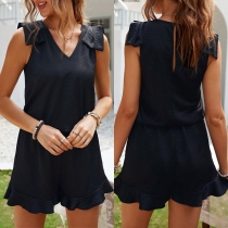 Sweet Style Ruffle Cuff V-neck Solid Color Romper