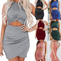Sexy Sleeveless Round Neck Hollow Out Twisted High Waist Slim Fit Dress