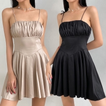 Sexy Backless High Waist Pleated Hem Solid Color Sling Dress