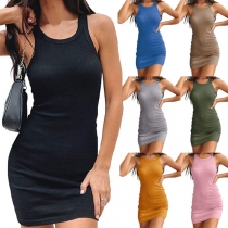Simple Style Sleeveless Round neck Solid Color Slim Fit Tank Dress