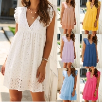Fashion Solid Color Cap Sleeveless V-neck Loose Lace Dress
