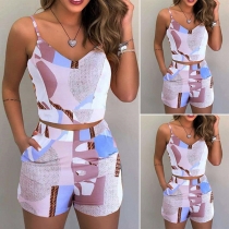 Sexy Backless V-neck Printed Sling Crop Top + High Waist Shorts Two-piece Set