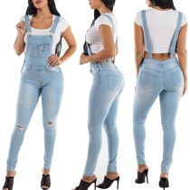 Casual Style High Waist Slim Fit Ripped Sling Denim Overalls