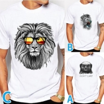 Cute Style Lion Head Pattern Short Sleeve Round Neck Man's T-shirt