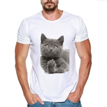 Cute Cat Printed Short Sleeve Round Neck Man's T-shirt