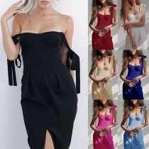 Sexy High Waist Slit Hem Solid Color Slim Fit Sling Dress