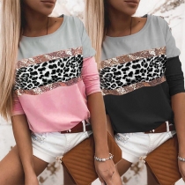 Fashion Sequin Leopard Spliced Long Sleeve Round Neck Contrast Color T-shirt