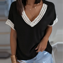Fashion Lace Spliced Short Sleeve V-neck Loose T-shirt