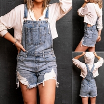 Casual Style High Waist Ripped Denim Shorts Overalls