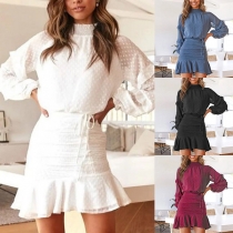 Sweet Style Lantern Sleeve Stand Collar Top + Ruffle Hem Skirt Tw-piece Set