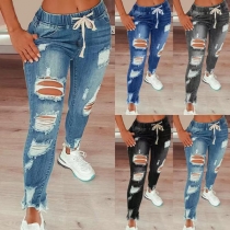 Casual Style Elastic Waist Slim Fit Ripped Jeans