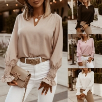 OL Style Long Sleeve V-neck Ruffle Cuff Solid Color Blouse
