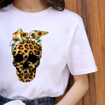 Casual Style Short Sleeve Round Neck Leopard Skull Head Pattern T-shirt