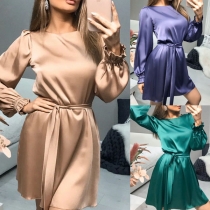 Elegant Solid Color Lantern Sleeve Round Neck Dress with Waist Strap