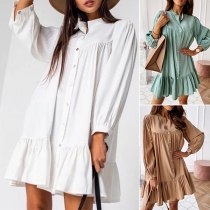 Fashion Solid Color Long Sleeve Stand Collar Ruffle Hem Single-breasted Loose Dress