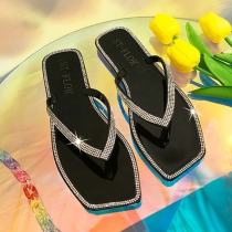 Fashion Rhinestone Inlaid Square Toe Crystal Jelly Outdoor Slippers