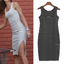 Simple Style Sleeveless Round Neck Side-slit Hem Slim Fit Striped Tank Dress