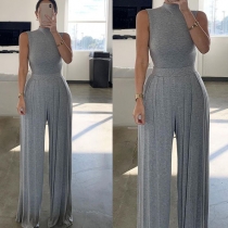 Fashion Sleeveless High Waist Mock Neck Solid Color Jumpsuit