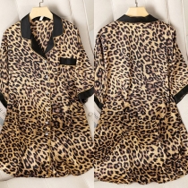 Fashion Leopard Printed Short Sleeve Notched Lapel Loose Nightwear Dress