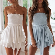 Sexy Strapless Ruffle Hem High Waist Lace-up Solid Color Dress