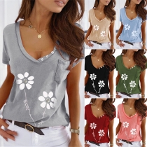 Casual Style Short Sleeve V-neck Flower Printed T-shirt