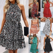 Sweet Style Off-shoulder Ruffle Hem High Waist Printed Dress